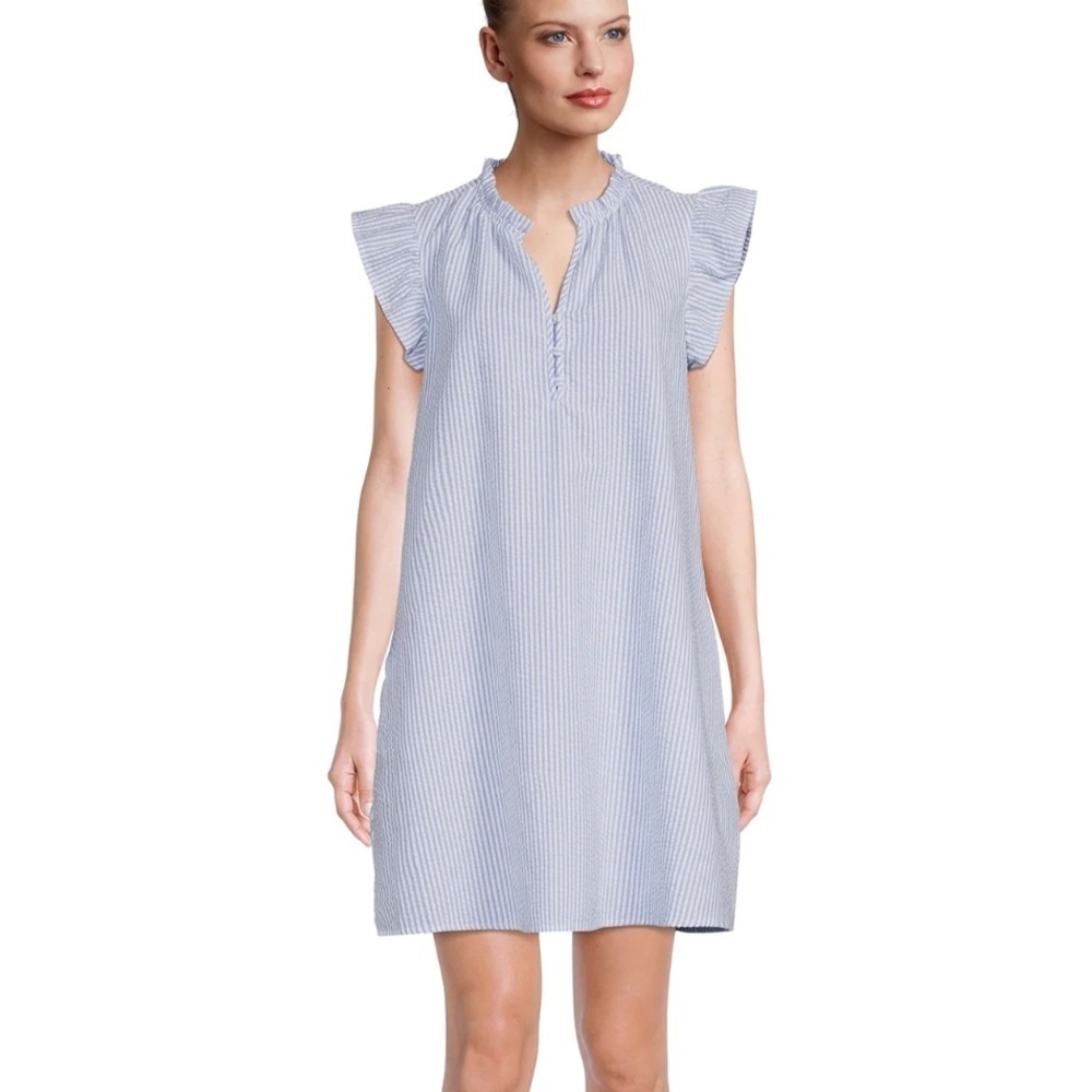 Elan Ruffle Collar Dress with Flutter Sleeves Medium Blue Striped Mini